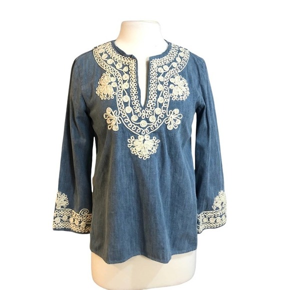 Zara Embroidered Chambray Top Size Small - Picture 1 of 7